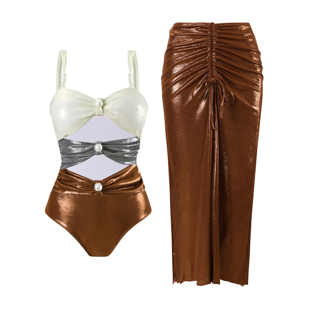 Damen Einteiler Badeanzug mit stilvollen Drapierungen und Perlendetails R&B