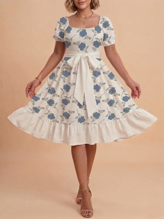 Damen Blumenkleid mit taillierbarem Gürtel und voluminösen Ärmeln R&B