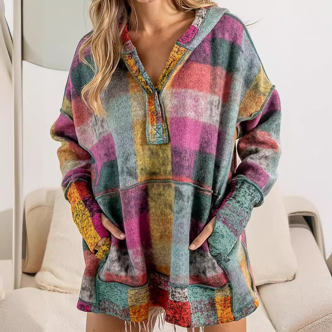 Damen lässiger Block-Check Pullover mit Kapuze und praktischen Taschen