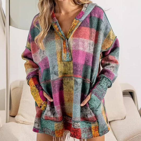 Damen lässiger Block-Check Pullover mit Kapuze und praktischen Taschen R&B