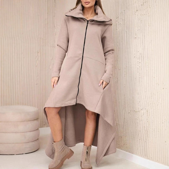 Damen nan asymmetrisches Sweatkleid mit hohem Stehkragen, durchgehendem Reißverschluss und verlängertem Rückensaum R&B