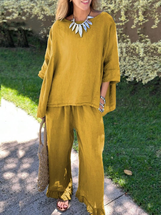 Damen lässiges Leinen-Outfit mit weitem Schnitt und angeschnittenen Ärmeln R&B
