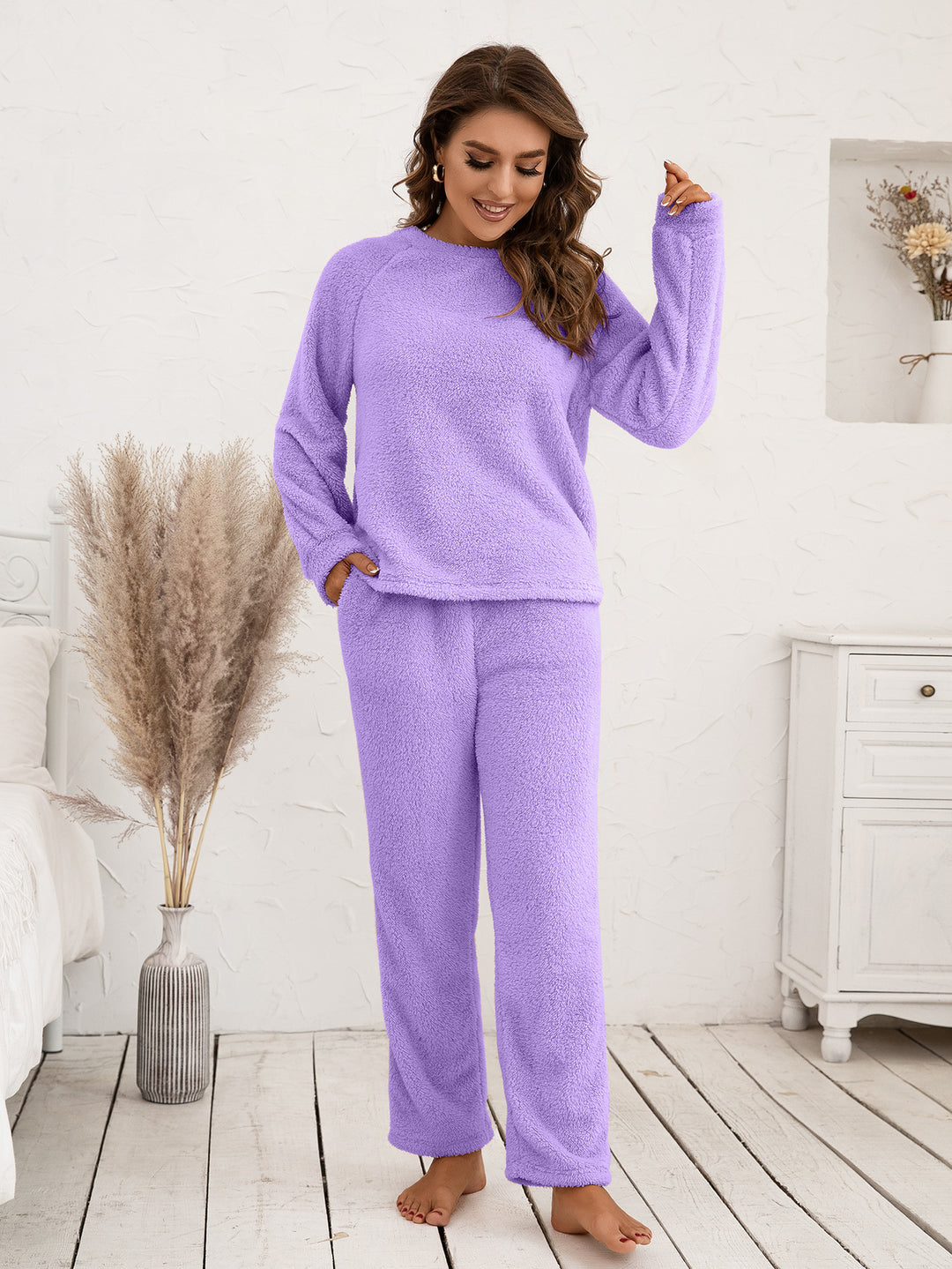 Damen Kuscheliges Fleece-Pyjama-Set mit langen Ärmeln und bequemen Hosen R&B