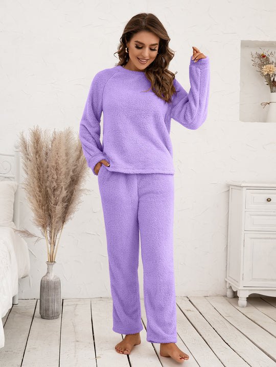 Damen Kuscheliges Fleece-Pyjama-Set mit langen Ärmeln und bequemen Hosen R&B