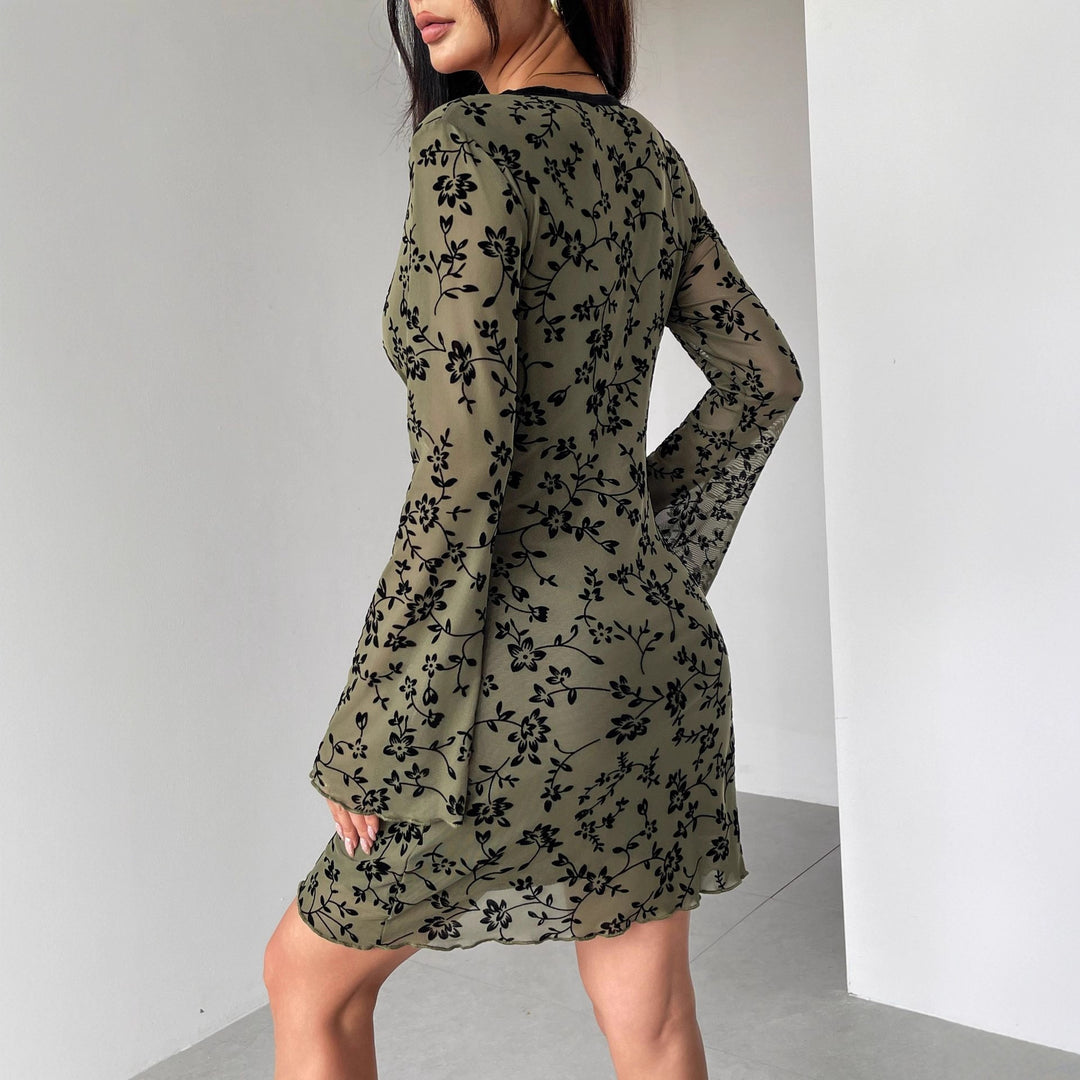 Damen nan tailliertes Netzstoff-Minikleid mit Samtflock-Blütenmuster, tiefem V-Ausschnitt und Schleifenapplikation R&B
