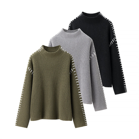 Damen Grobstrickpullover mit hohem Kragen und dekorativen Details R&B