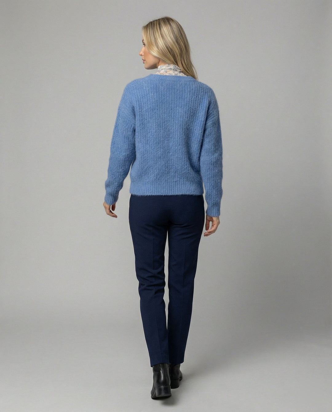 Blauer Strickpullover Damen Lockerer Oversize Look Rundhals Langarm Weich