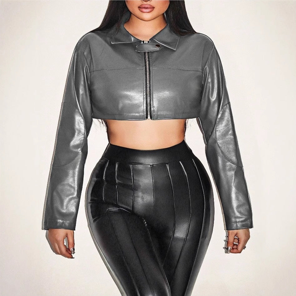 Damen cropped Kunstlederjacke mit innovativem Reißverschluss R&B
