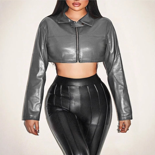 Damen cropped Kunstlederjacke mit innovativem Reißverschluss R&B