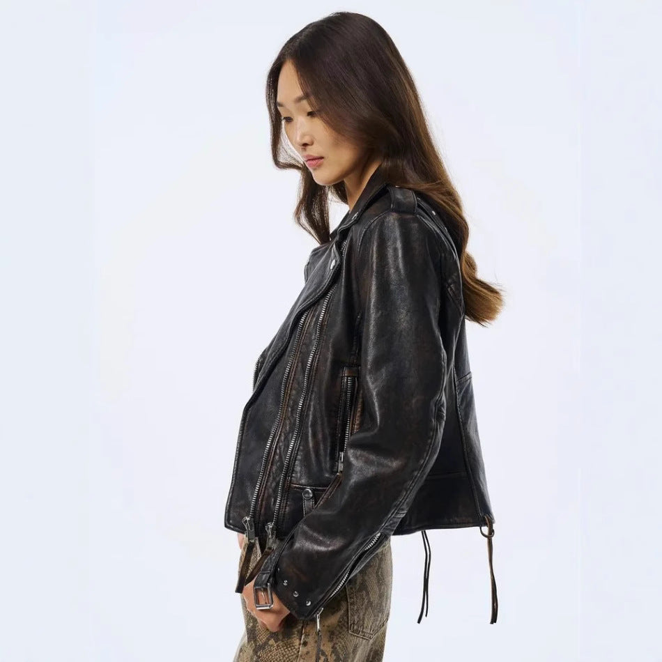 Damen Kunstleder Bikerjacke mit asymmetrischem Reißverschluss R&B