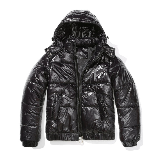 Damen glänzende Steppjacke mit abnehmbarer Kapuze R&B