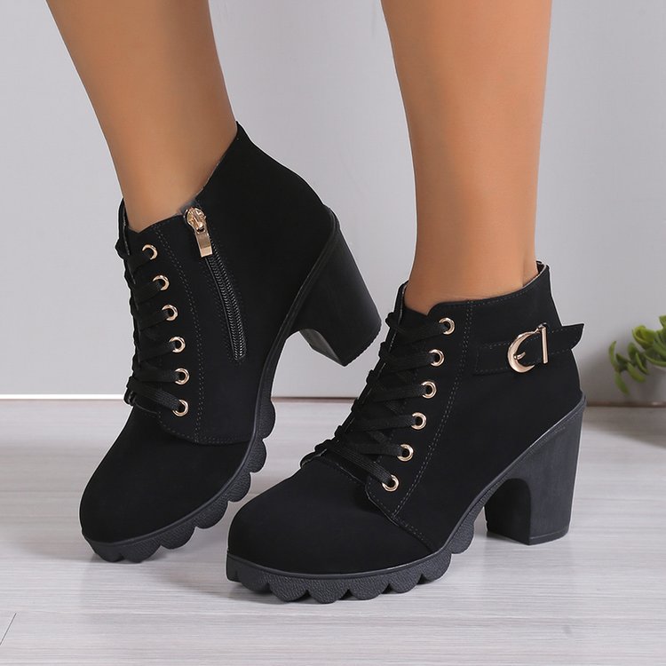 Damen Schnürstiefeletten mit Blockabsatz und Reißverschluss R&B