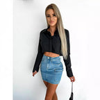 Damen cropped Bluse mit elegantem Kragen und schimmerndem Finish R&B