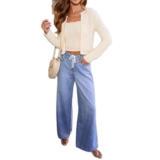 Damen Weit geschnittene Denim-Hosen mit elastischem Bund und modernem Kordelzug R&B