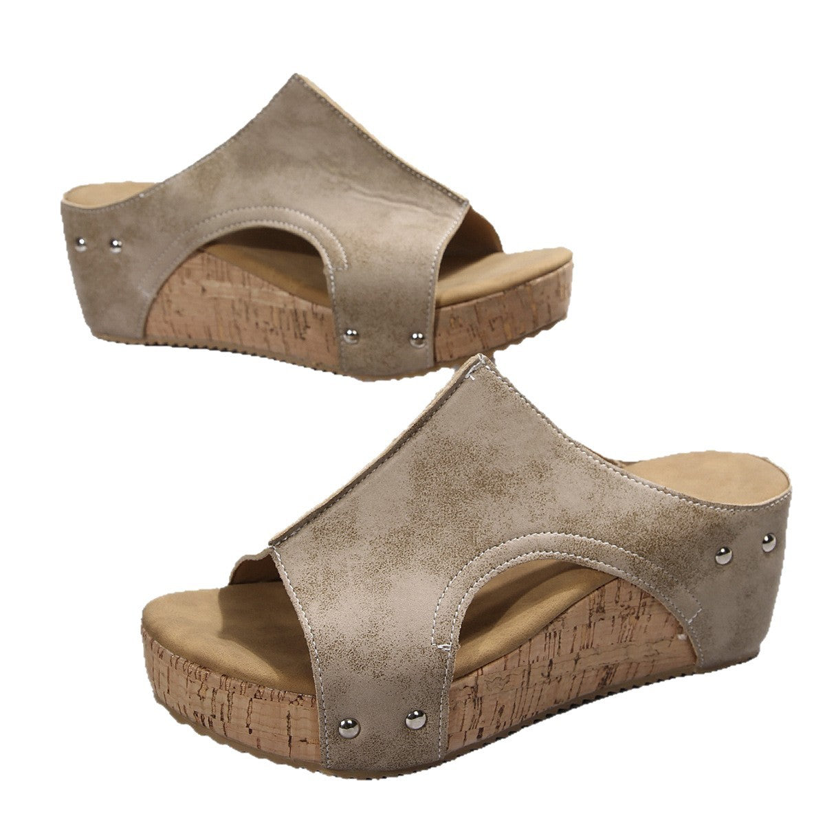 Damen Wedge-Pantoletten mit eleganter geschnitzter Korksohle und modischem Riemendesign