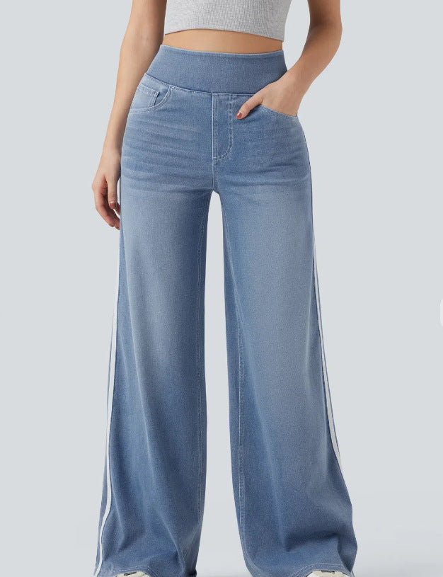 Damen weite Denim-Hose mit seitlichem Streifen und hohem Bund R&B