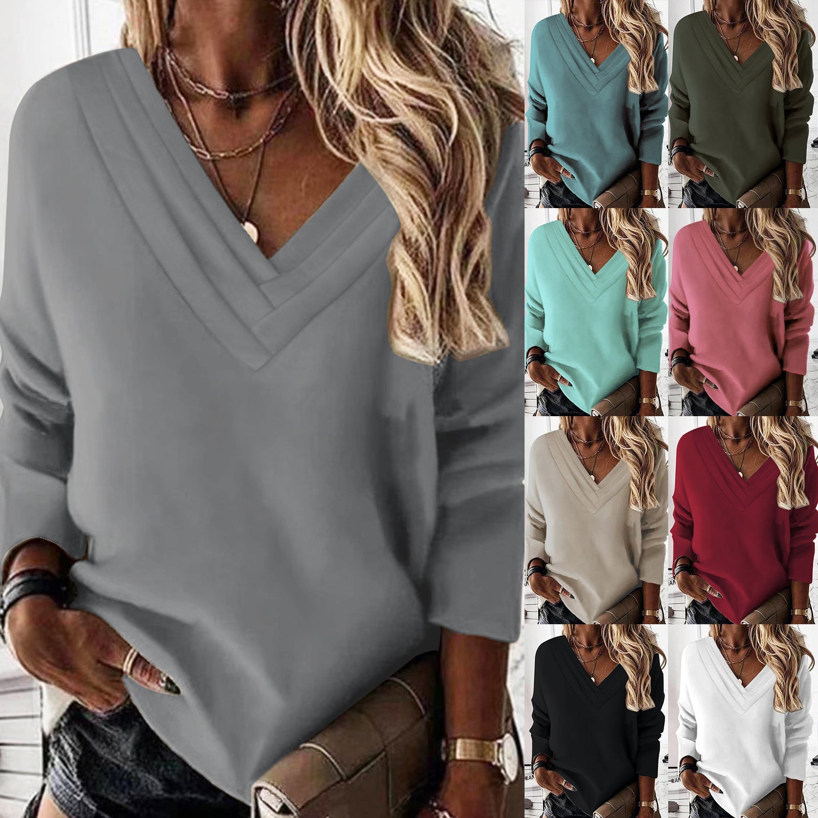 Damen Lässiges V-Ausschnitt Pullover mit eleganten Falten R&B