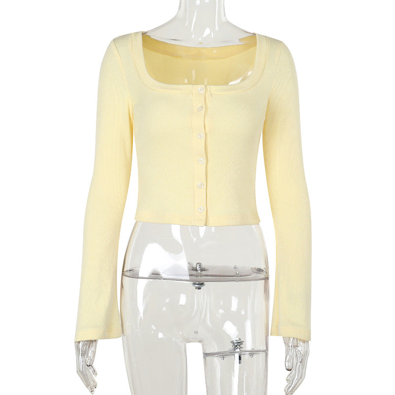 Damen Cropped Langarmshirt mit Knopfleiste und weitem Ausschnitt R&B