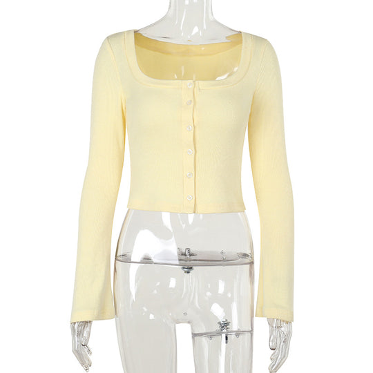 Damen Cropped Langarmshirt mit Knopfleiste und weitem Ausschnitt R&B