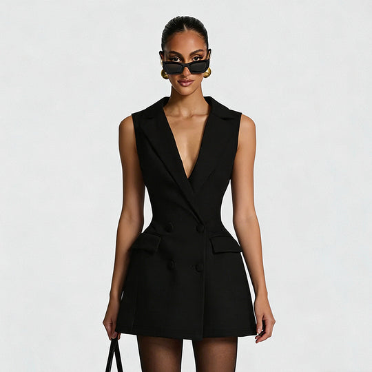Damen Blazer-Kleid mit doppelter Knopfleiste und schickem V-Ausschnitt R&B