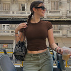 Damen figurbetontes T-Shirt mit kurzem Arm und dekorativem Raffungselement R&B