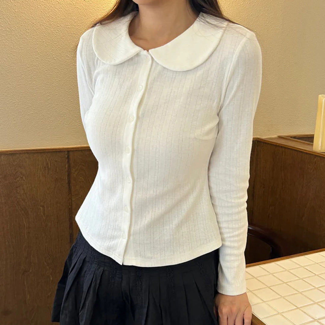 Damen Langarm-Crop-Top mit stilvollem Kragen und Knopfleiste R&B