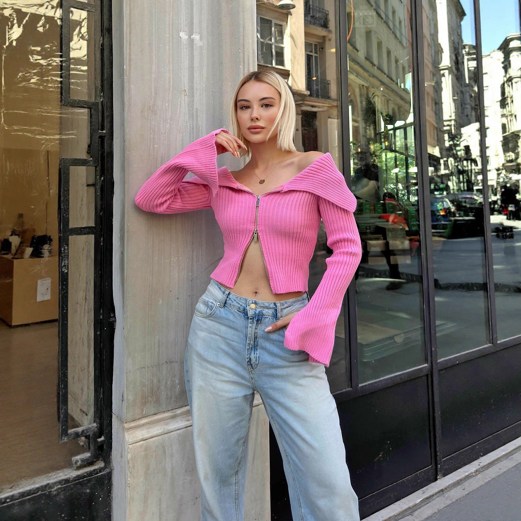 Damen Strickjacke mit weitem Ärmeldesign und Reißverschluss