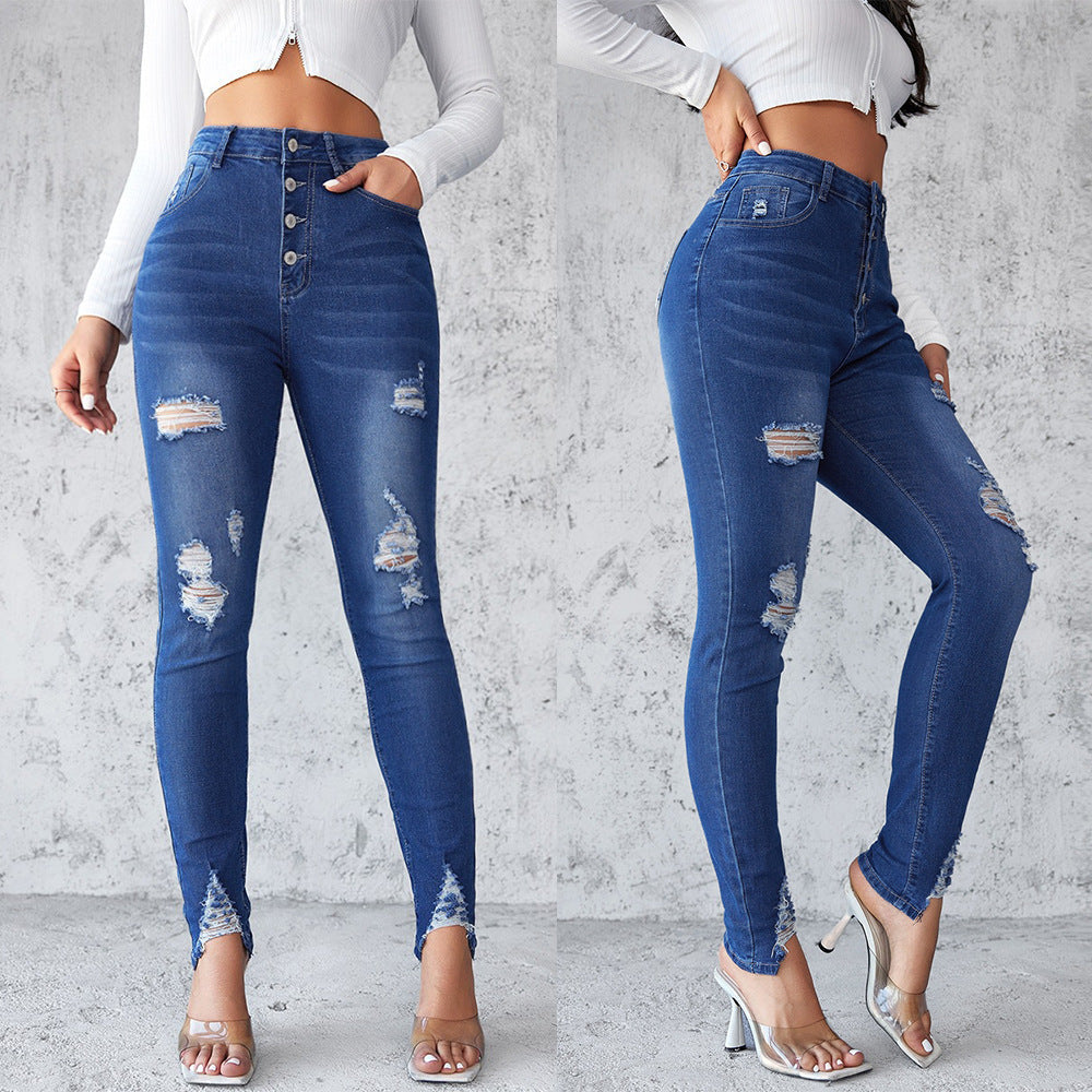 Damen Jeans im modernen Skinny Fit mit knöpfen und modischen Rissdetails R&B