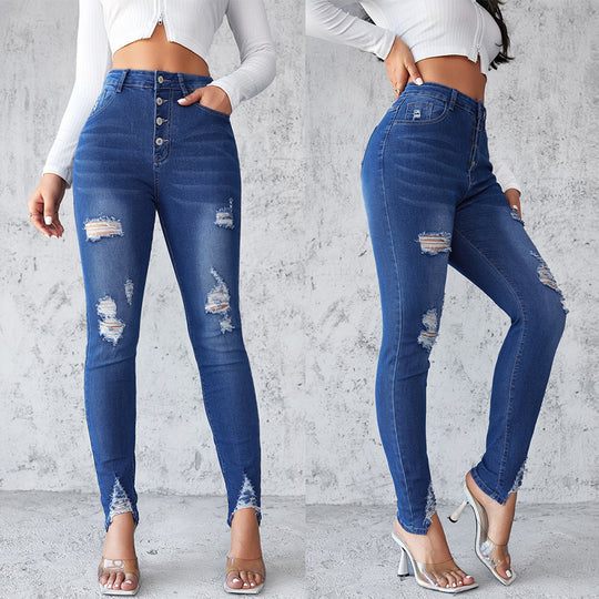 Damen Jeans im modernen Skinny Fit mit knöpfen und modischen Rissdetails R&B