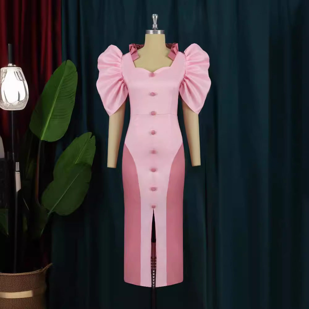 Damen Elegantes Maxikleid mit voluminösen Puffärmeln und Knopfdetails R&B