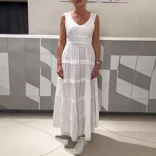 Damen nan ärmelloses Boho-Spitzen-Lagenmaxikleid mit V-Ausschnitt und Empire-Taille R&B