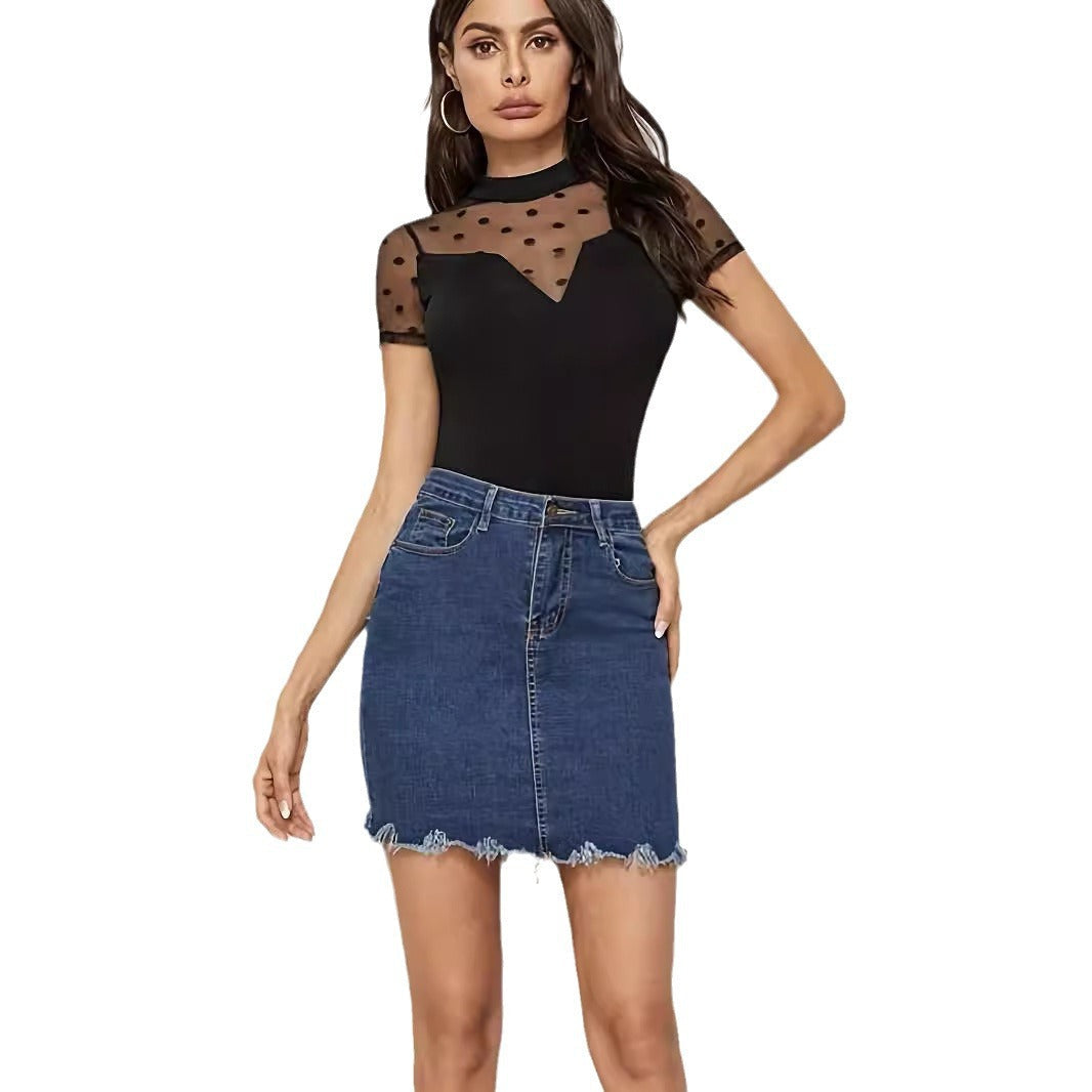 Damen Bodysuit mit transparenten Punkten und hochgeschlossenem Kragen R&B