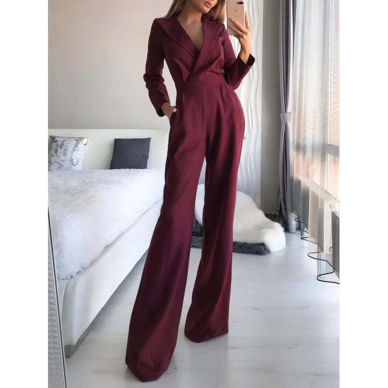 Damen eleganter Jumpsuit mit langem Bein und klassischem Schauspielkragen R&B