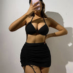 Damen Triangelbikini-Set mit transparentem Überrock und modischem Stirnband R&B