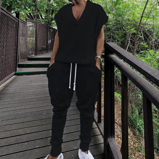 Damen lässiges Freizeit-Outfit mit strukturiertem Oberteil und bequemen Hosen R&B
