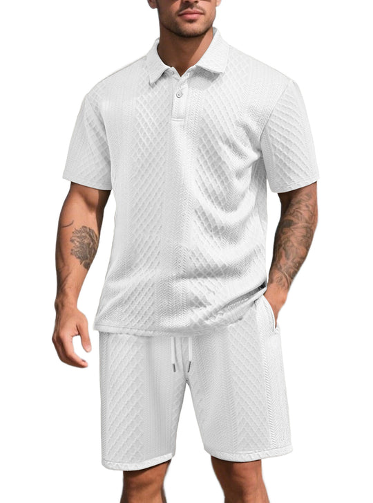 Herren nan dreidimensionales Relief-Freizeit-Set mit Polokragen, verdeckter Knopfleiste und elastischer Tunnelzugshorts R&B