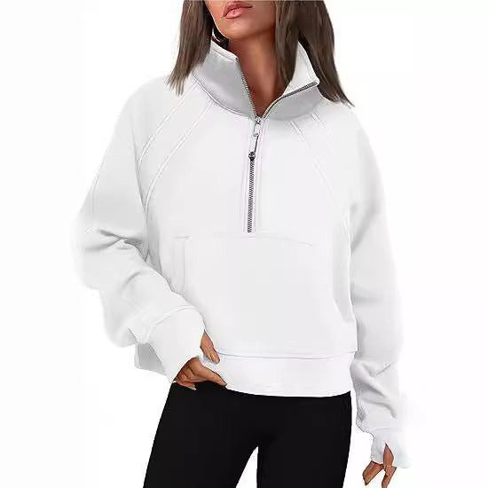 Damen kuscheliger Half-Zip Pullover mit Kapuze und Kängurutasche