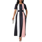 Damen Maxikleid mit modischem Blockstreifen-Design und praktischen Taschen R&B