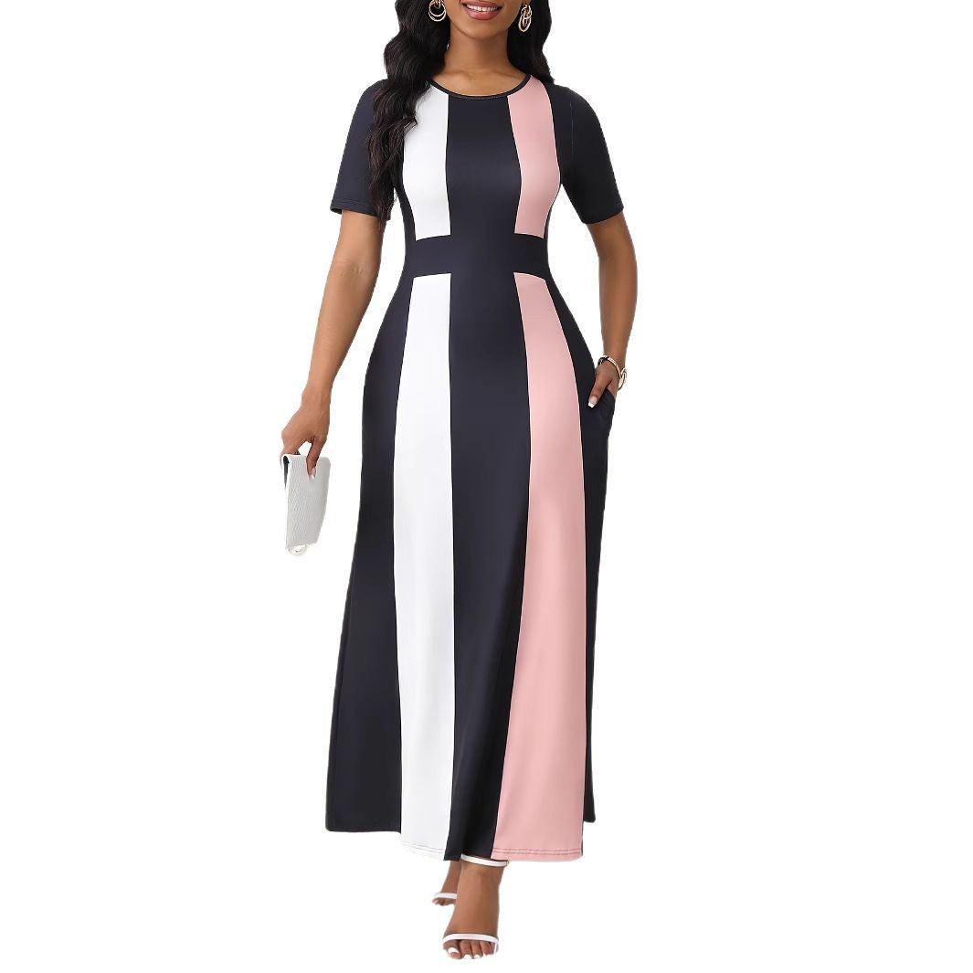 Damen Maxikleid mit modischem Blockstreifen-Design und praktischen Taschen R&B