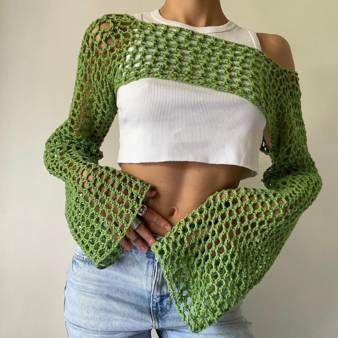 Damen gehäkeltes Langarm-Top mit Off-Shoulder-Design R&B