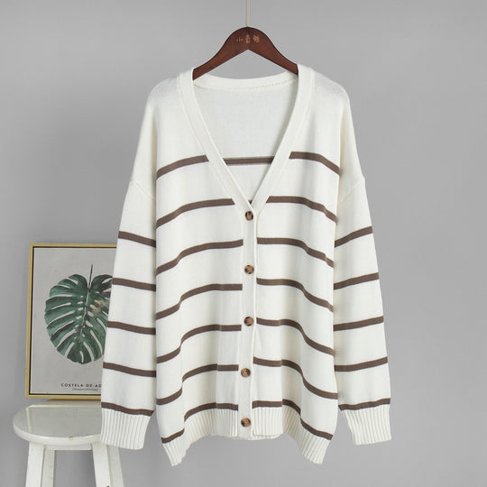 Damen Strickcardigan mit V-Ausschnitt und groben Streifen R&B