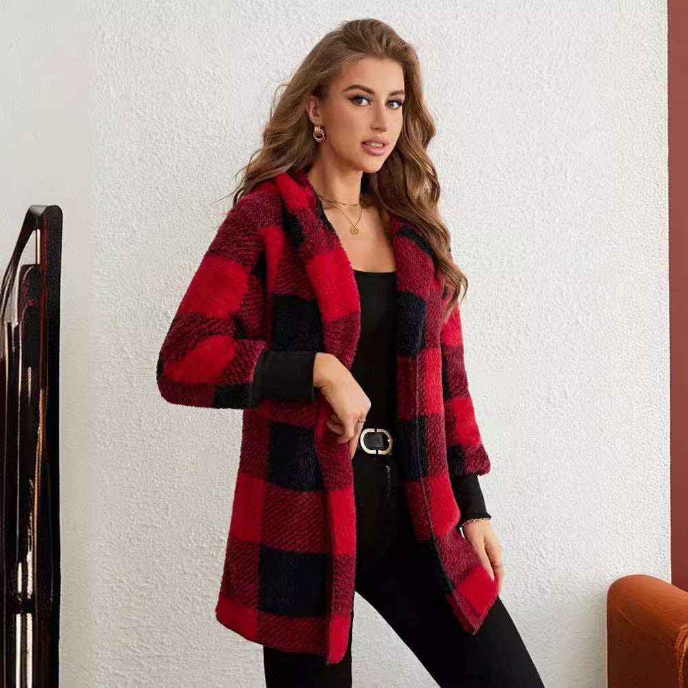 Damen nan karierter Teddy-Mantel mit großem Reverskragen und Rippbündchen R&B