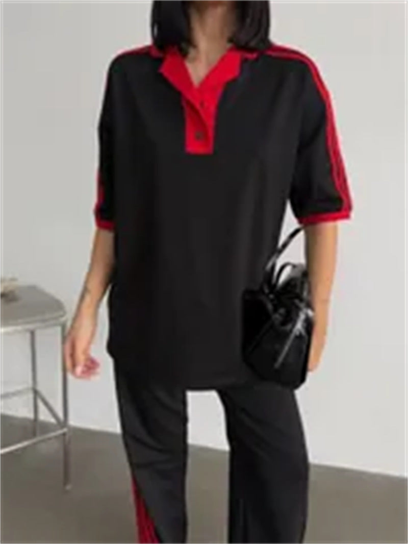 Damen sportliches Polo-Set mit kurzen Ärmeln und seitlichen Streifen R&B