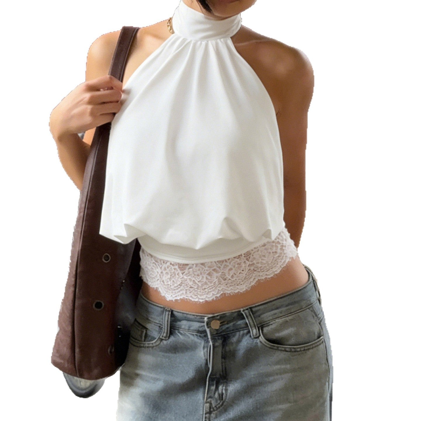 Damen elegantes Spaghetti-Trägertop mit transparentem Spitzenbesatz R&B