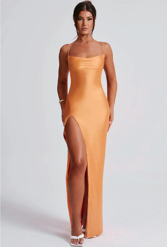 Damen Elegantes Maxikleid mit hochhängendem Schlitz und schmalem Trägerdesign R&B