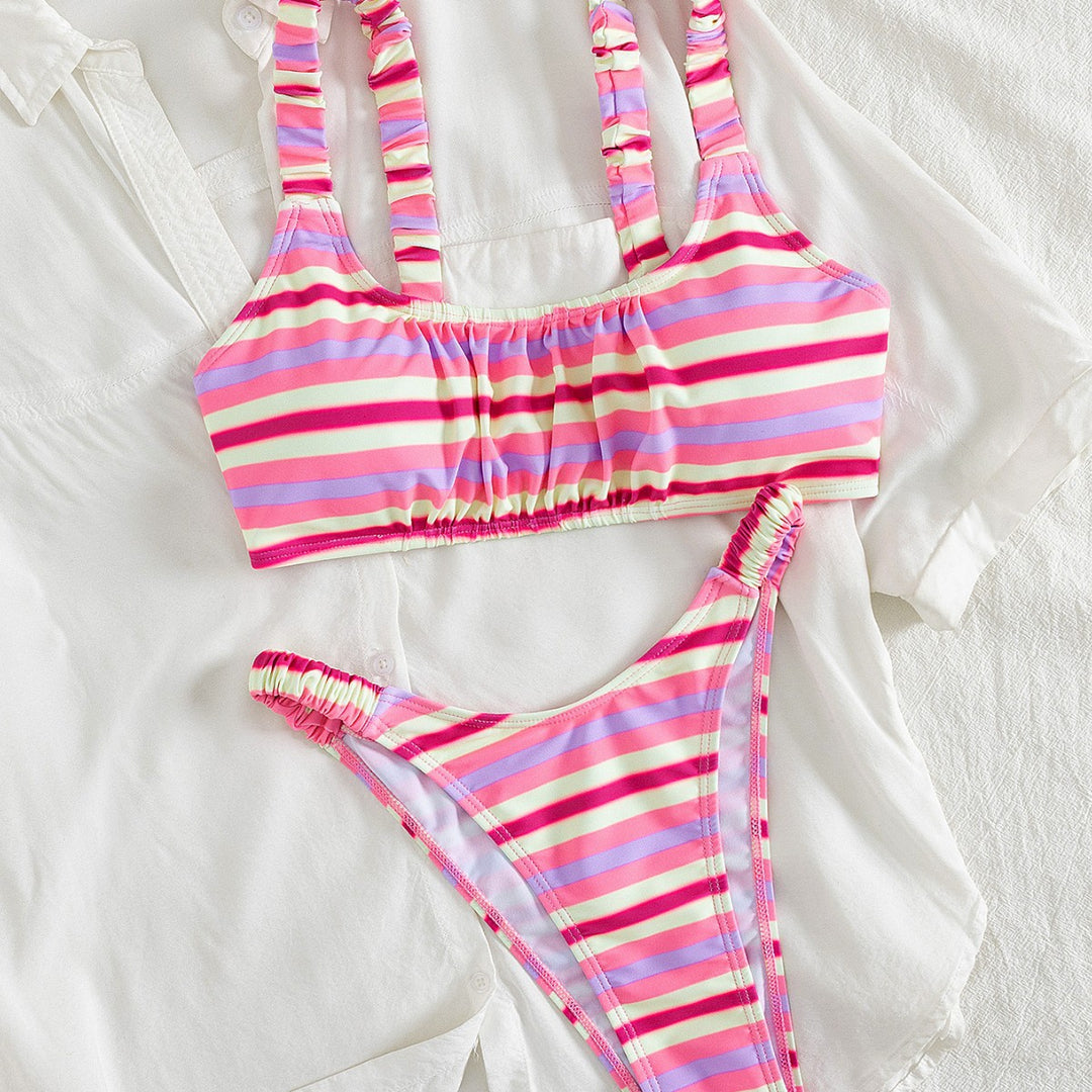 Damen Sportlicher Bikini mit modischem Streifenmuster und elastischem Bund R&B
