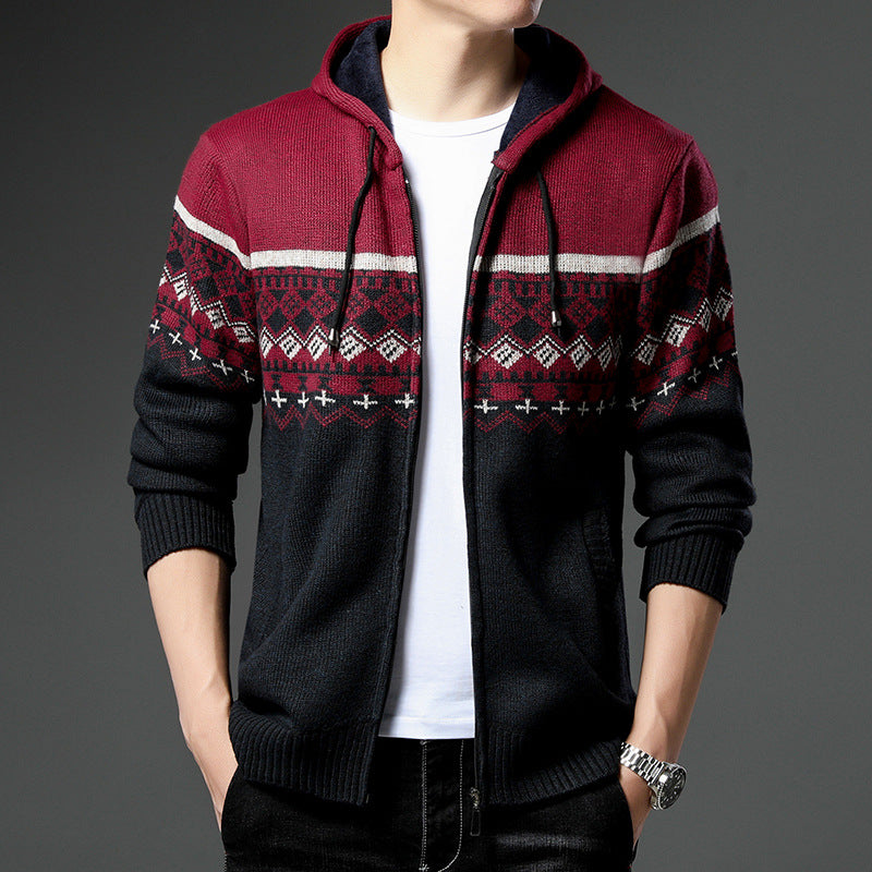 Herren gemusterte Strickjacke mit Kapuze und komfortablem Schnitt
