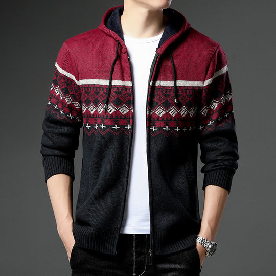 Herren gemusterte Strickjacke mit Kapuze und komfortablem Schnitt R&B