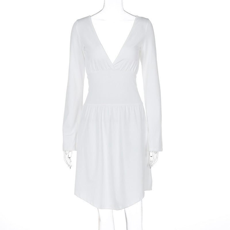 Damen elegantes Kleid mit tiefem V-Ausschnitt und langen Ärmeln R&B