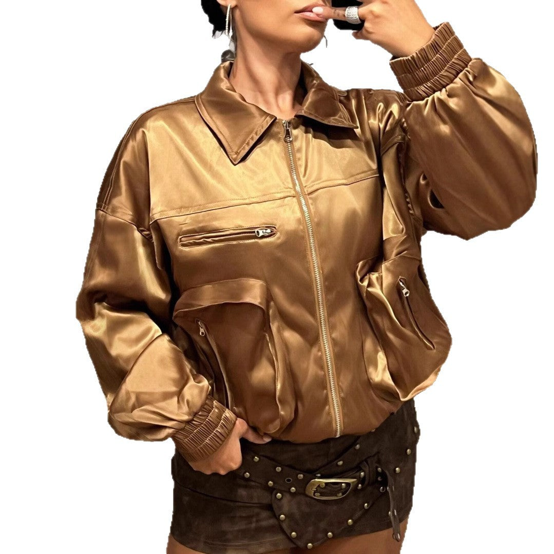 Damen Bomberjacke im glänzenden Satin-Look mit seitlichen Reißverschlusstaschen R&B